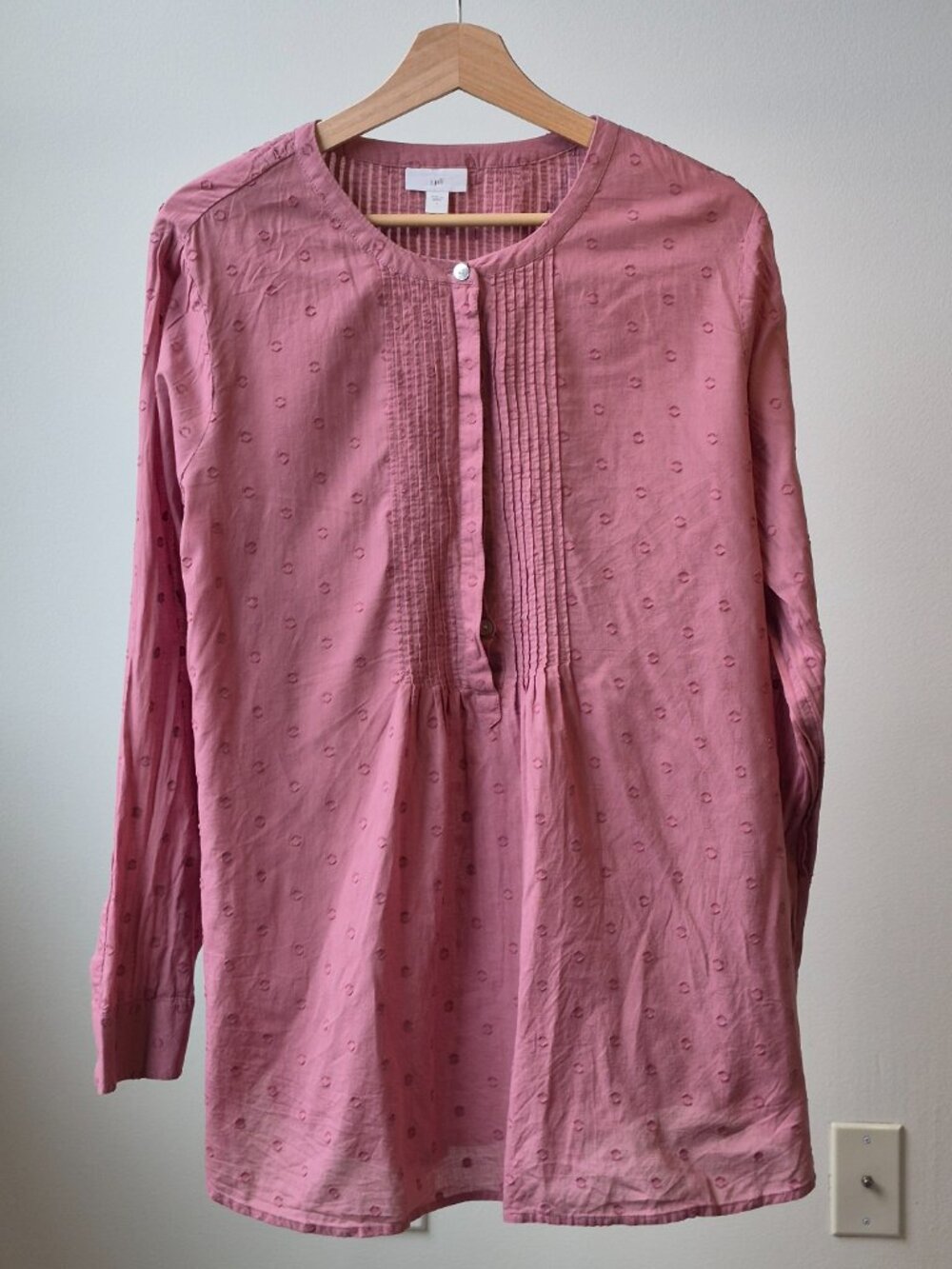 J.Jill Pintuck Tunic Top Women Large Dusty Rose Swiss Dot Long Sleeve Boho